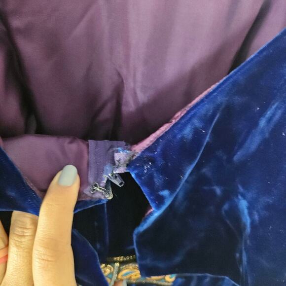 Vintage 60s 70s Blue Velvet Cape‎ Sleeve Maxi Dress Ribbon Back Sz 7 2/4 Costume - Picture 7 of 10